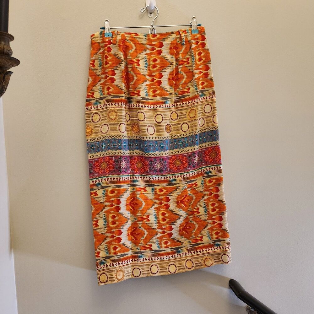 Vtg 90s Y2k Evan-Picone Orange Ikat Linen Blend Midi Skirt Beach Tribal Tropical